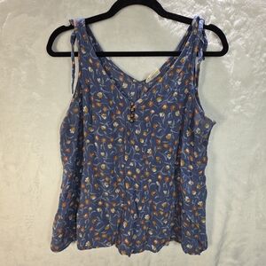 a.n.a Blue Floral Tie-Shoulder V-Neck Tank with Button Detail Size Large